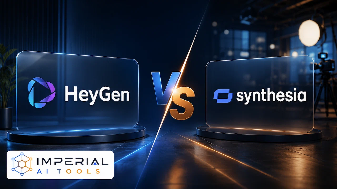 Synthesia vs HeyGen comparison showing both platform logos side by side with a VS graphic, highlighting the best AI avatar and text-to-video software for content creators, marketers, and businesses in 2026.