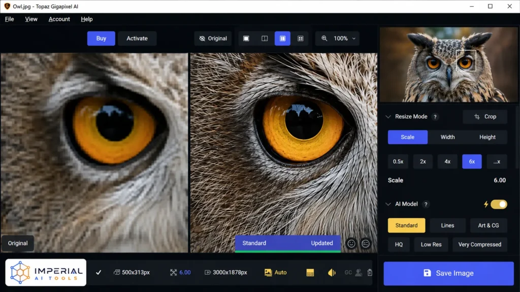 Topaz Gigapixel AI showing an owl eye before and after 6x upscaling in split-view comparison mode.