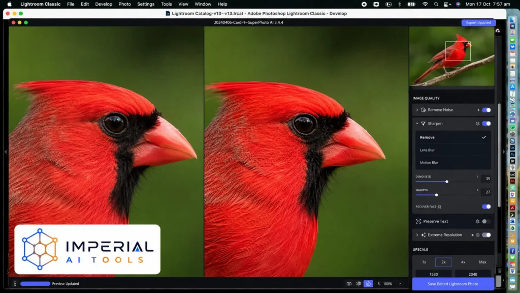 Topaz Photo AI sharpening and denoising a red cardinal in Lightroom Classic with 2x image upscaling.