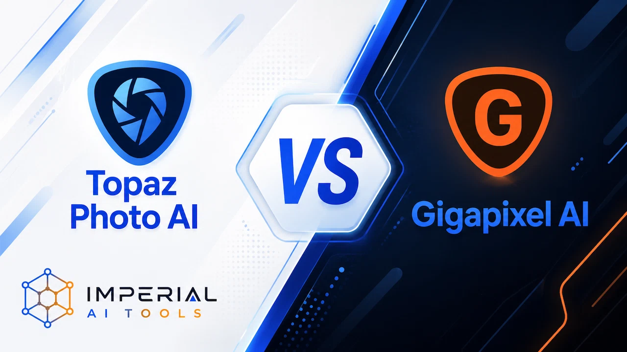 Topaz Photo AI vs Gigapixel AI comparison graphic featuring both software logos and a central VS symbol.