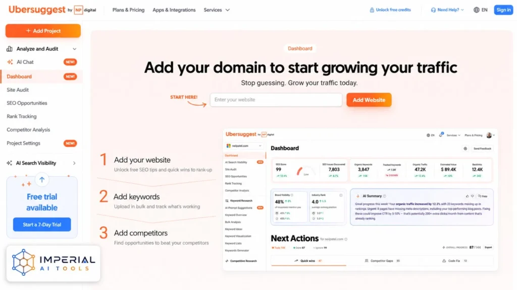 Ubersuggest SEO dashboard for adding a website, tracking keywords, analysing competitors and monitoring traffic.