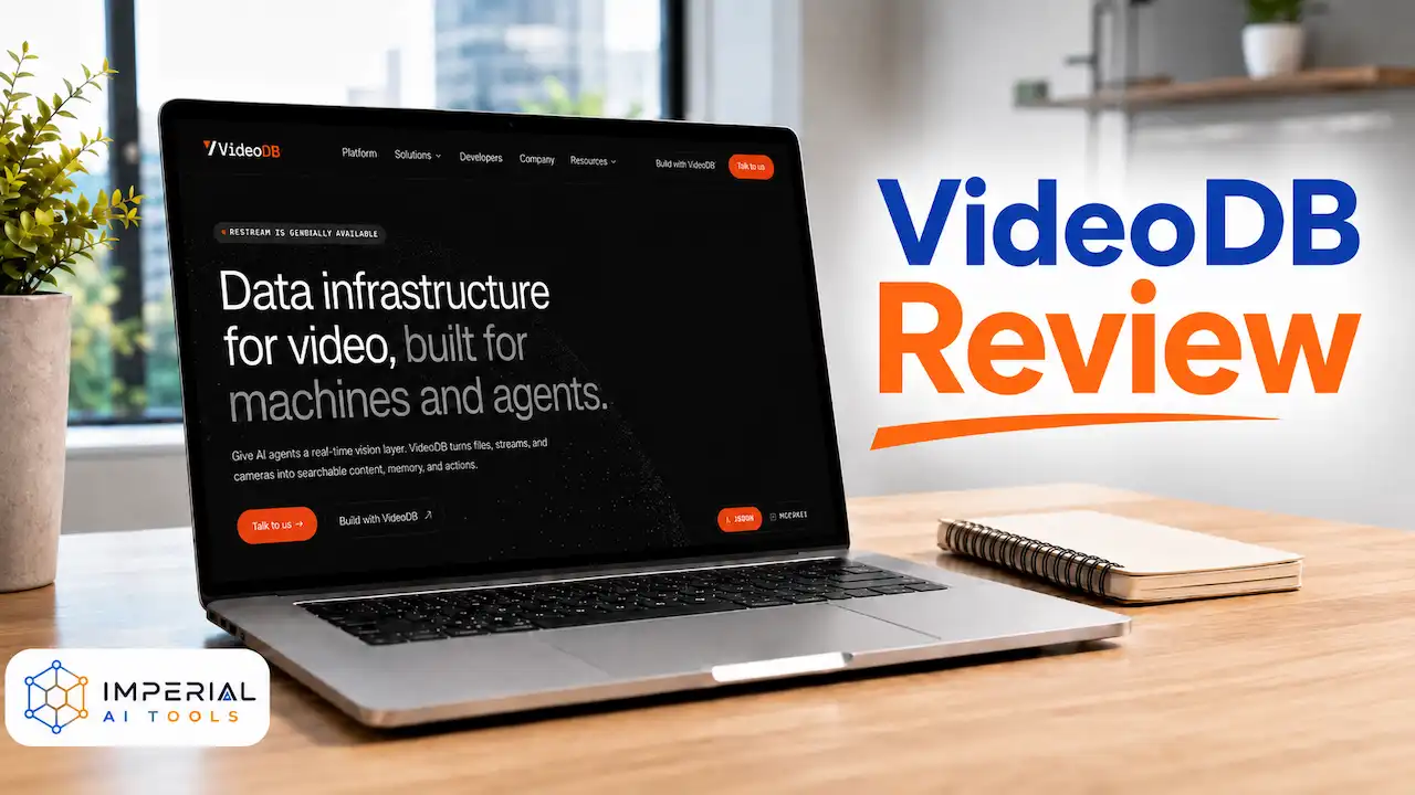 VideoDB AI Review featured image showing a laptop displaying the VideoDB platform interface with large VideoDB Review text beside it on a modern office desk.