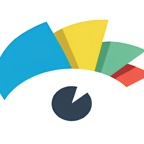 visme Colorful fan-shaped arc logo in blue, yellow, green, and red above a dark navy circle, representing the Visme brand