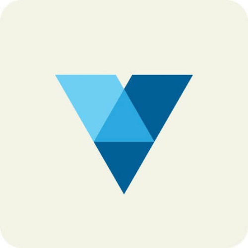 vistacreate Blue triangular V logo icon on a cream background, representing the VistaCreate brand