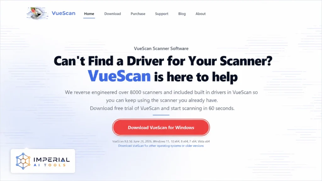 VueScan scanner driver software homepage with a Windows download button and Imperial AI Tools logo.