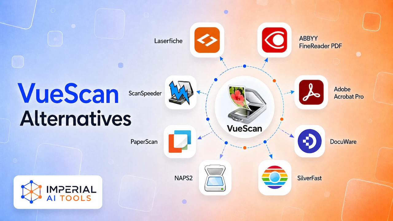 VueScan alternatives infographic comparing Laserfiche, ABBYY FineReader PDF, Adobe Acrobat Pro, DocuWare, SilverFast, NAPS2, PaperScan and ScanSpeeder.