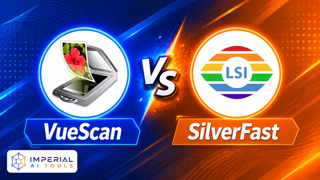 VueScan vs SilverFast scanner software comparison with both logos on a blue and orange split background.