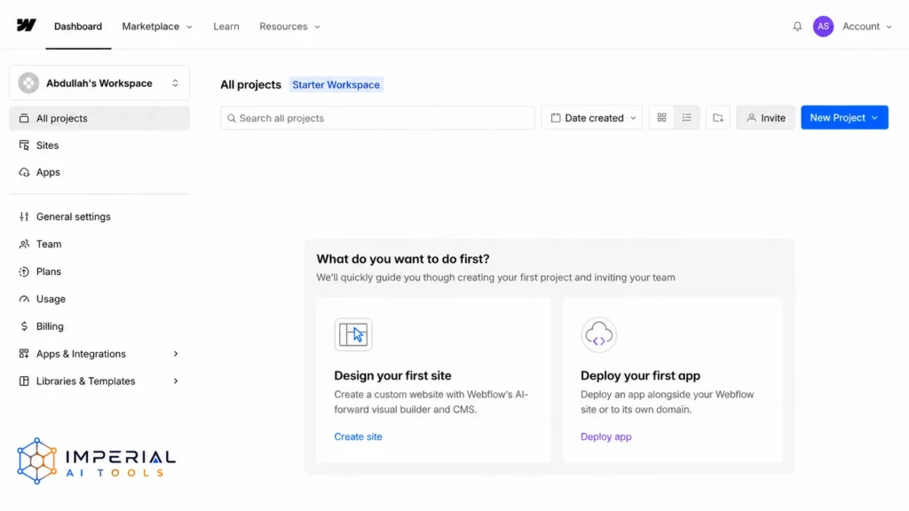 Webflow dashboard showing workspace projects, site creation options, apps and general settings.
