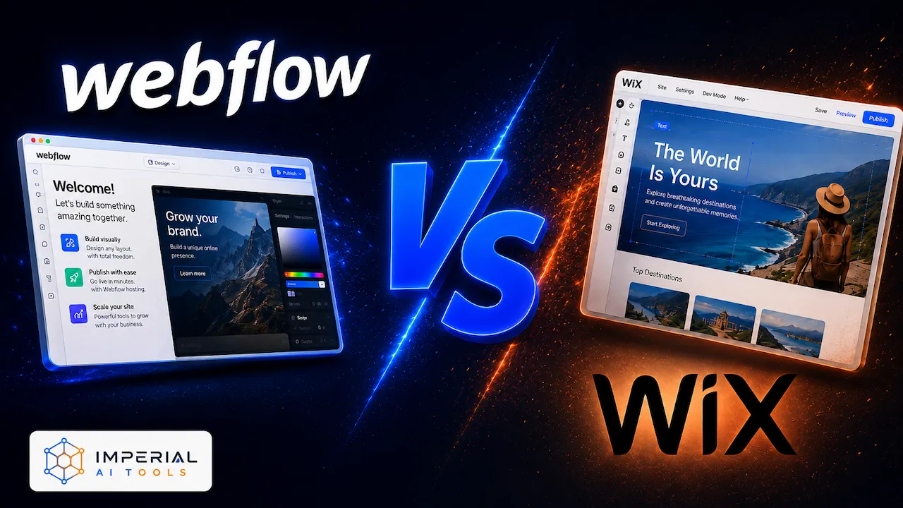 Wix vs Webflow comparison showing both website builder interfaces, a glowing VS symbol and Imperial AI Tools branding.