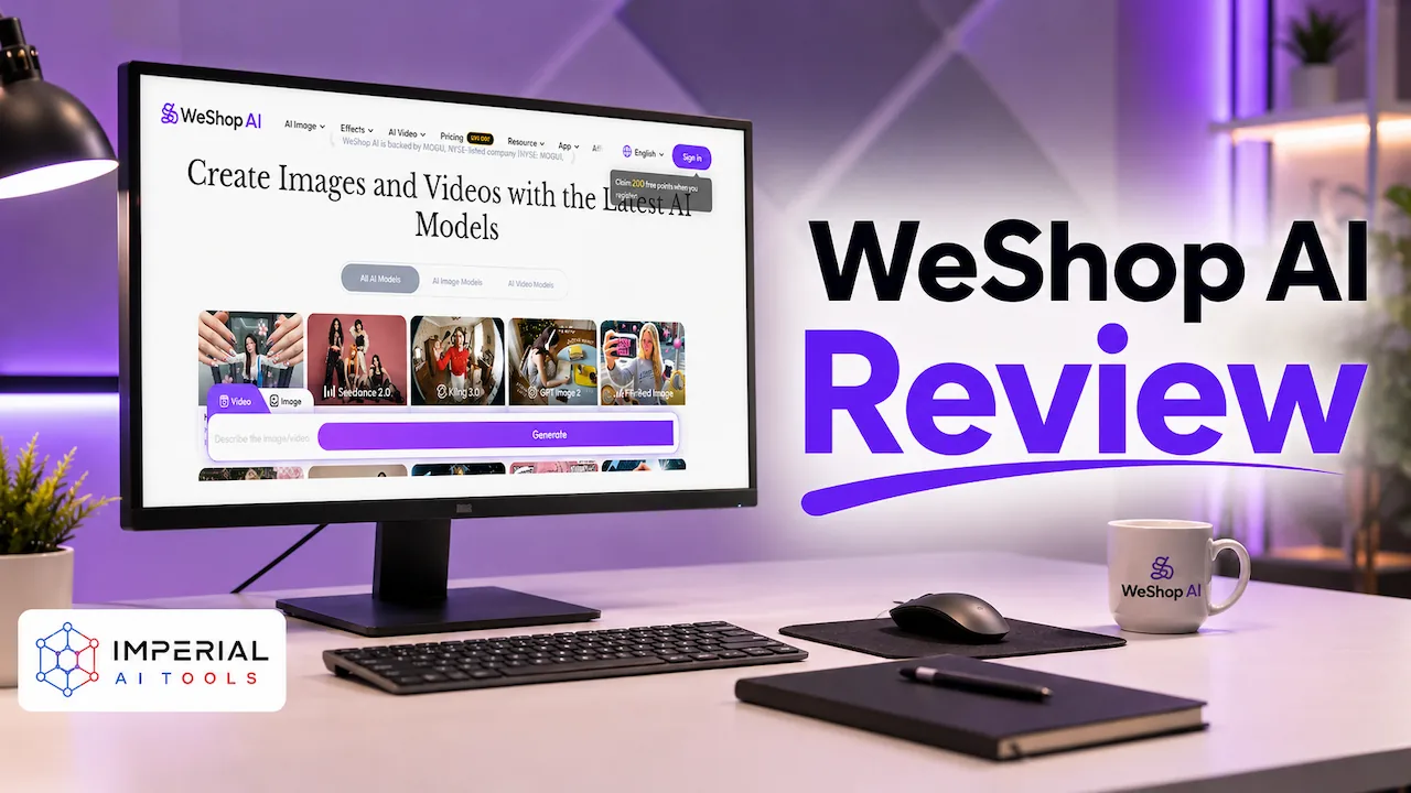 WeShop AI Review workspace featuring the WeShop AI dashboard on a desktop monitor in a modern purple office, with bold "WeShop AI Review" text and the Imperial AI Tools logo.
