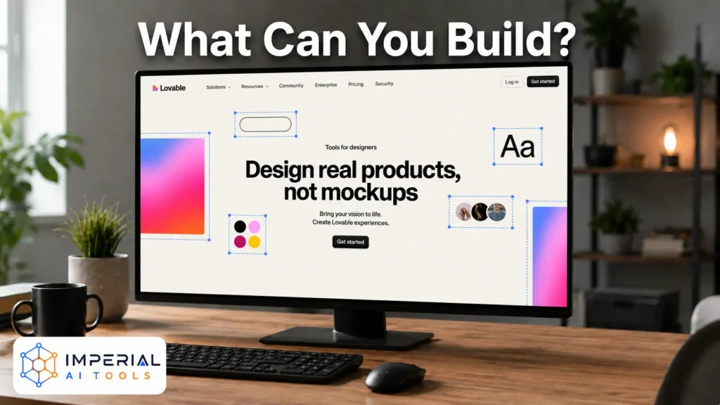 What you can build with Lovable AI showing an AI-generated web app interface on a desktop monitor