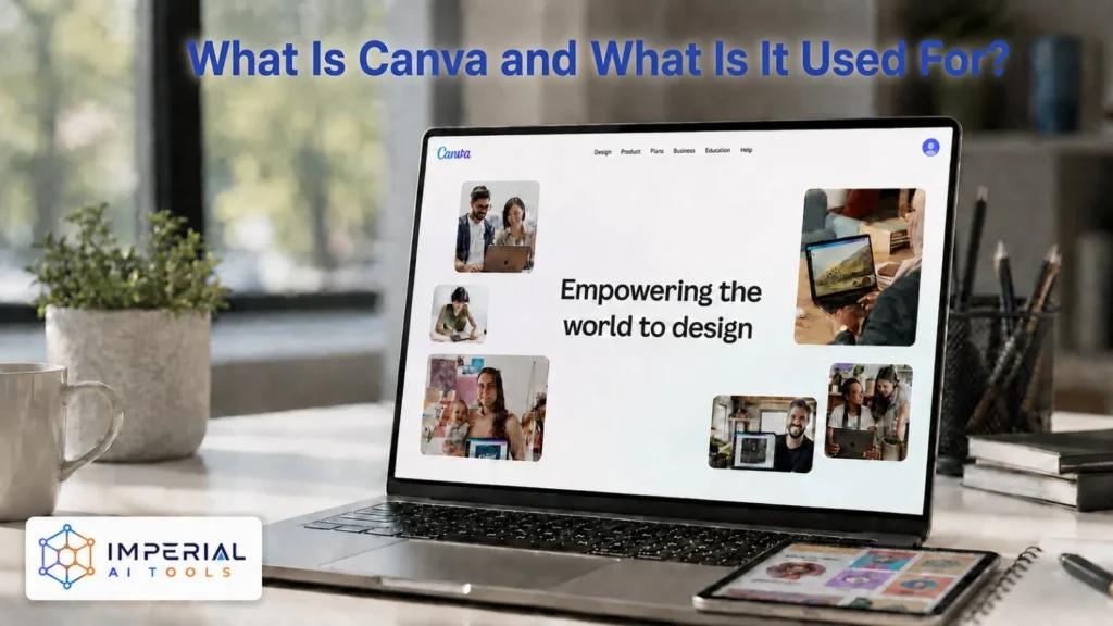 Laptop showing Canva’s design platform homepage in a workspace, illustrating what Canva is and how people use it.