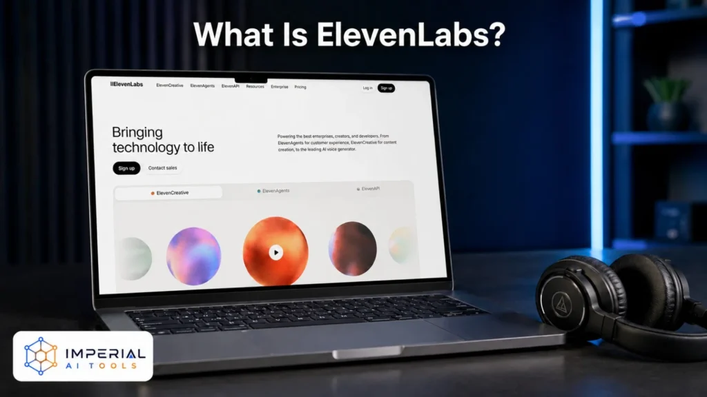 ElevenLabs website displayed on a laptop beside studio headphones in a blue-lit workspace.