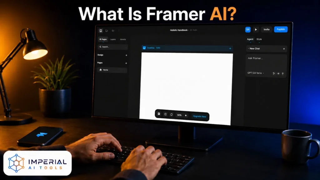 Framer AI design interface displayed on a desktop monitor while a user works at a desk.