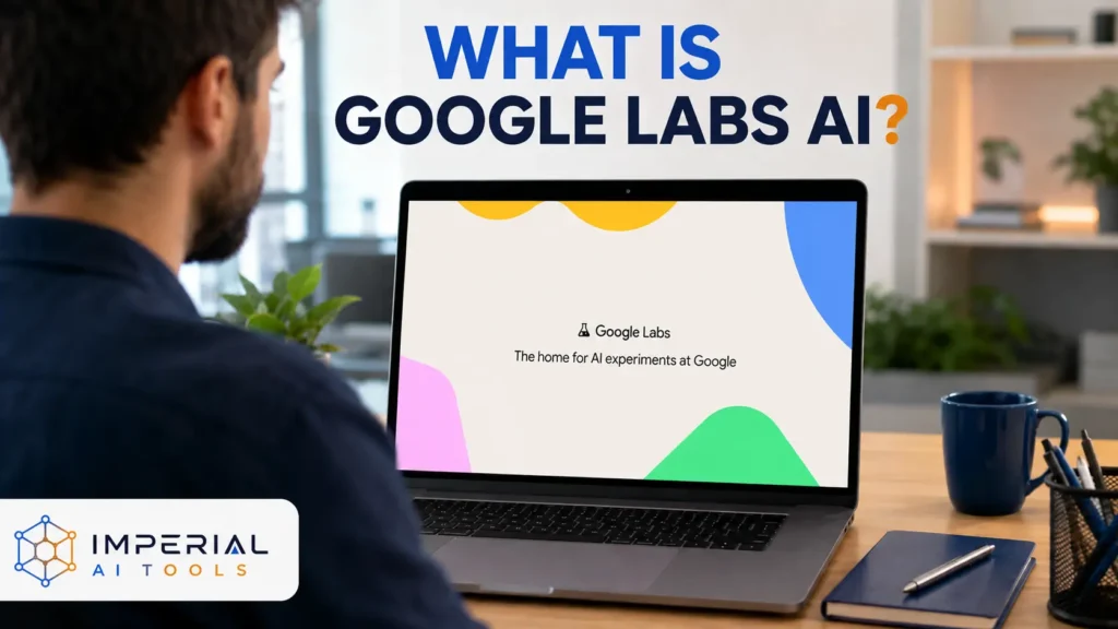 Professional exploring the Google Labs platform for experimental AI tools on a laptop.