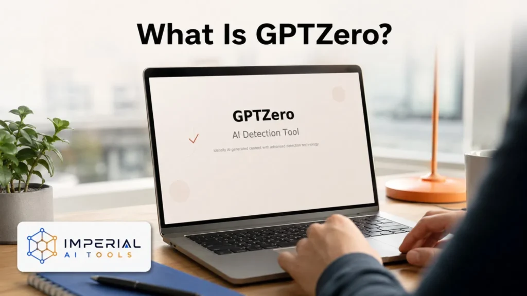 What is GPTZero displayed above a laptop introducing GPTZero as an AI detection tool