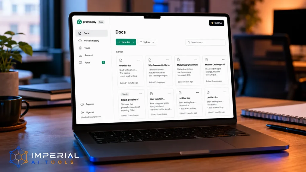 Grammarly Docs dashboard interface displayed on a MacBook in a modern workspace.