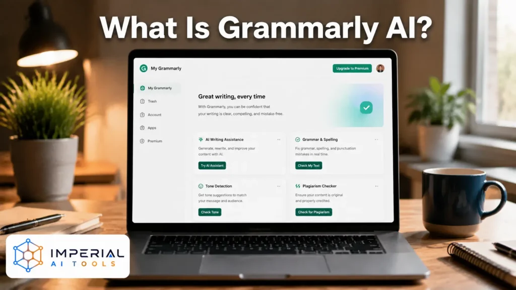 Grammarly AI dashboard displayed on a laptop, featuring AI writing assistance, grammar checking, tone detection, and plagiarism tools.