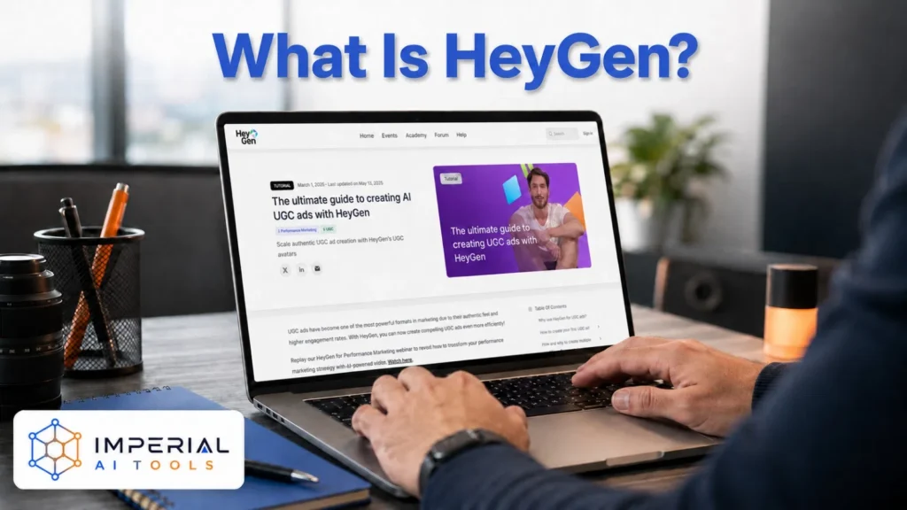 Laptop displaying the HeyGen website beneath the heading What Is HeyGen.