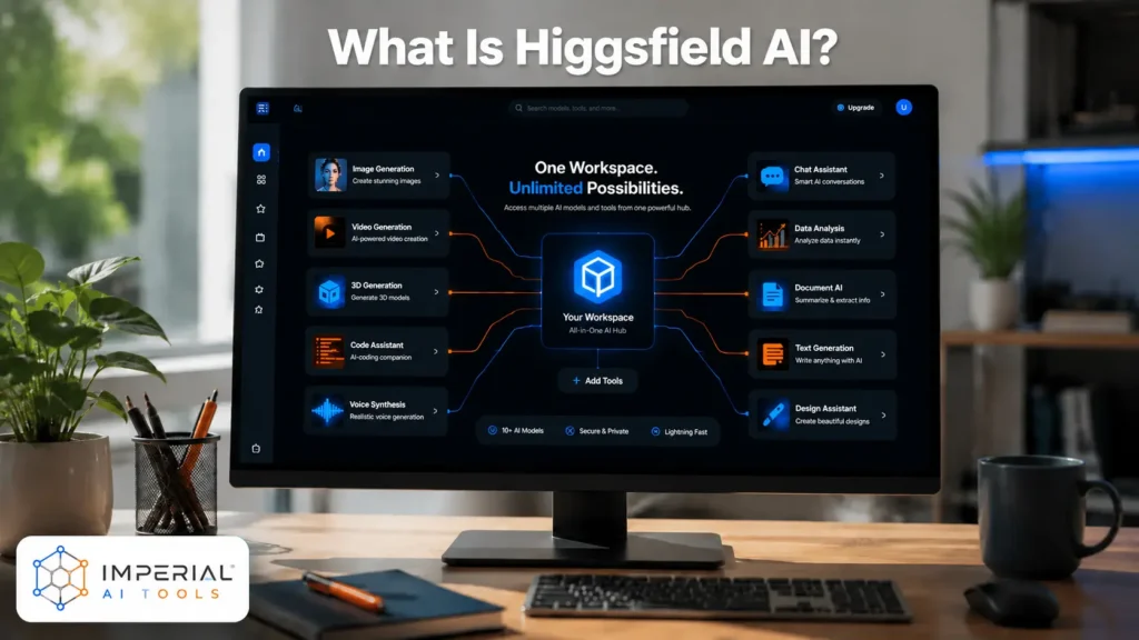Modern office monitor displaying an all-in-one Higgsfield AI workspace with tools for image, video, voice, code, data, text, and design generation.