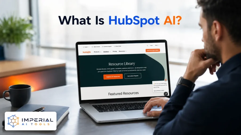 Professional workspace showing a marketer using a laptop displaying HubSpot AI Resource Library, with the title "What Is HubSpot AI?" and Imperial AI Tools branding in the bottom left corner.