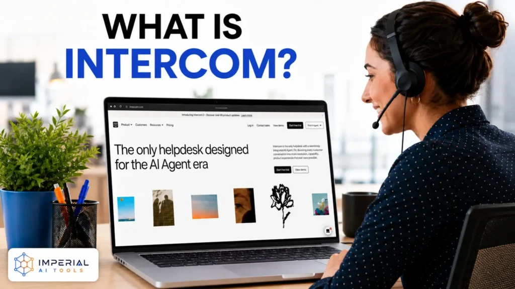 Customer support agent using Intercom’s AI-powered helpdesk platform on a laptop.
