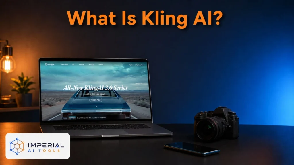 What is Kling AI overview showing the Kling AI 3.0 website on a laptop beside a camera and smartphone.