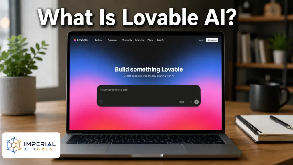Lovable AI guide showing an AI app builder interface on a laptop for creating websites and web apps with prompts