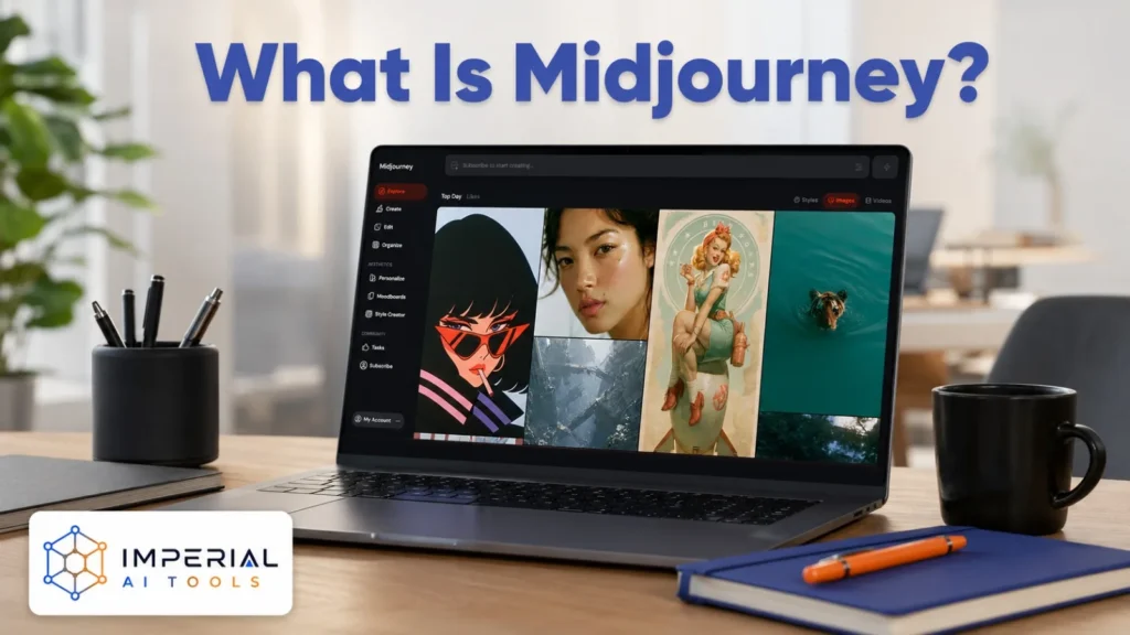 Laptop displaying a gallery of AI-generated artwork while explaining what Midjourney is and how the platform works.