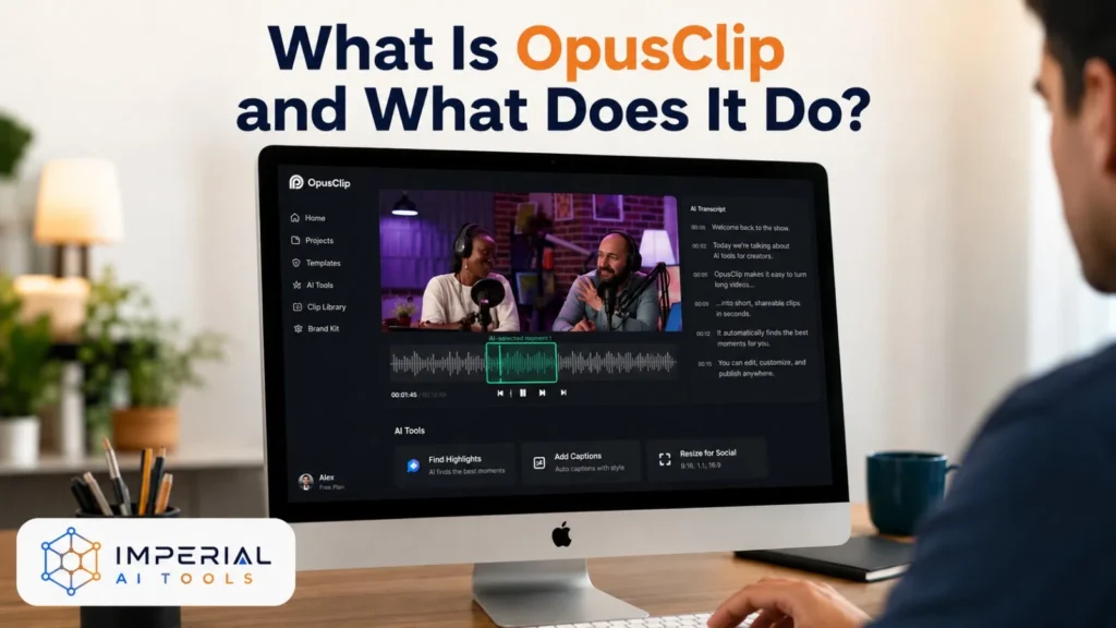 OpusClip interface demonstrating AI highlight detection, automatic captions and social video resizing.