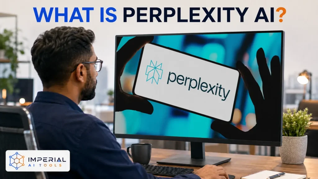 Professional viewing the Perplexity AI platform on a desktop monitor.