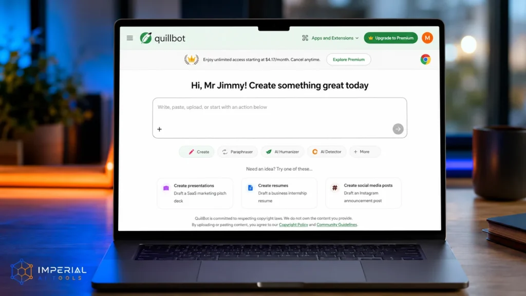 QuillBot AI writing assistant interface displayed on a laptop screen with creative tools.