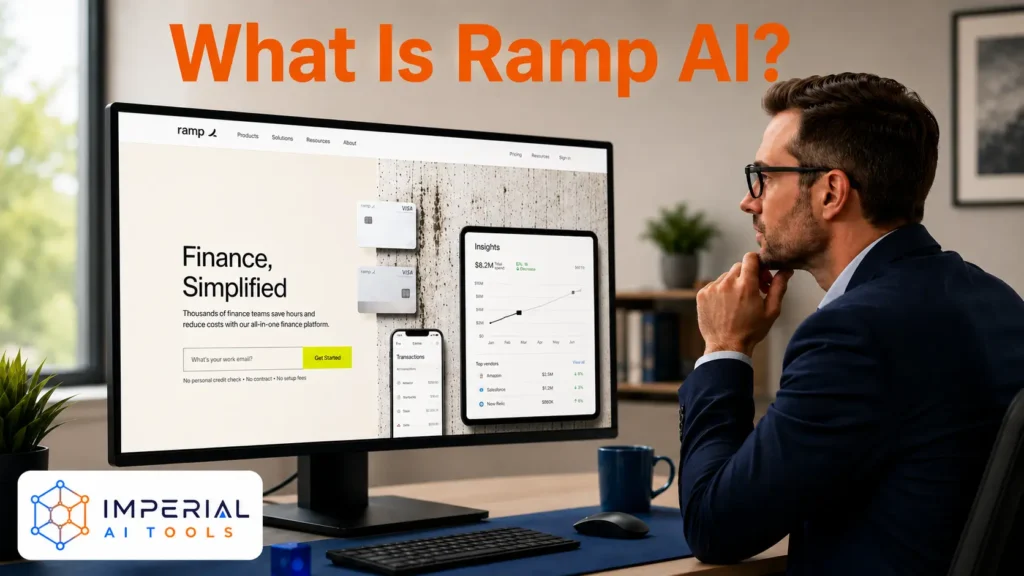 Finance professional viewing the Ramp finance platform and spend insights dashboard on a widescreen monitor in a modern office.
