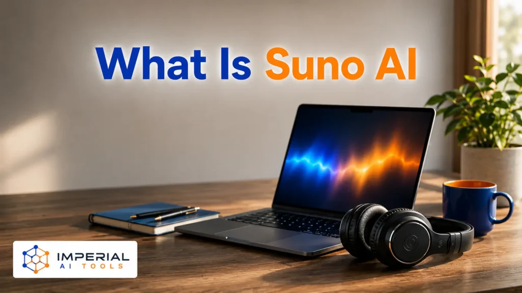 Laptop displaying an abstract blue-and-orange audio waveform beside studio headphones in a modern workspace under the heading “What Is Suno AI.