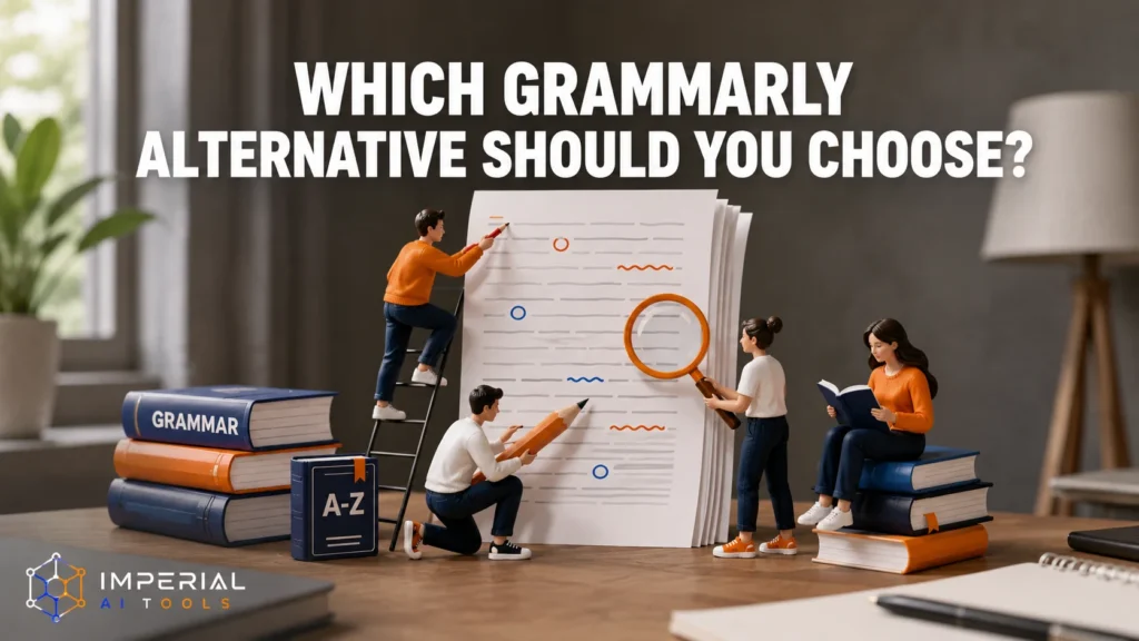 Which Grammarly alternative should you choose banner showing people editing a large document with grammar books and proofreading tools.