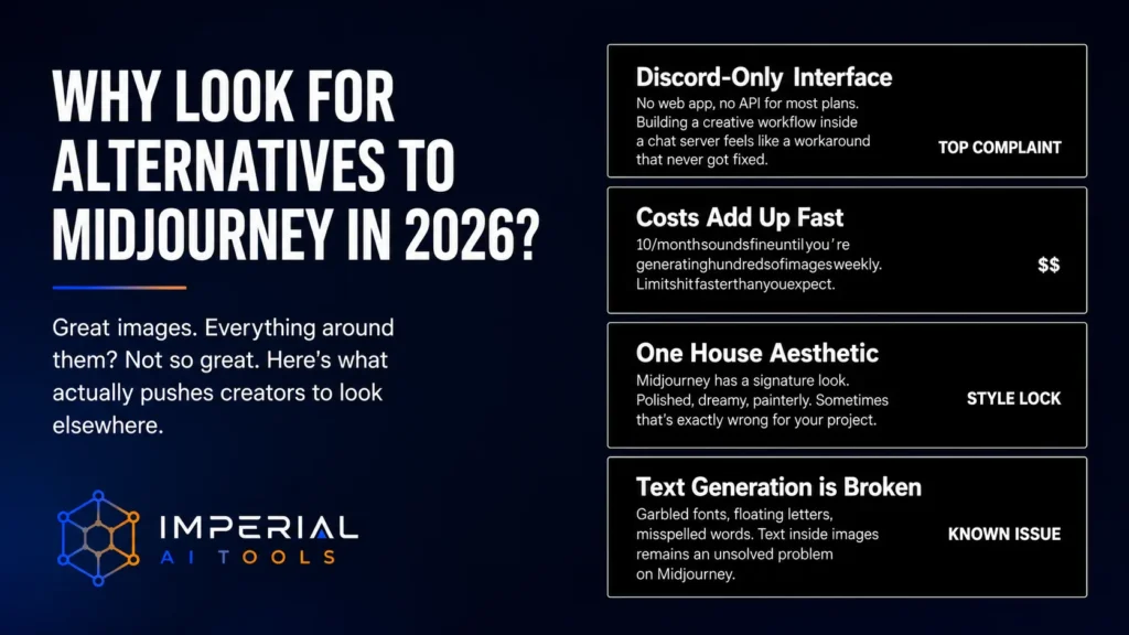 Infographic explaining common reasons creators seek Midjourney alternatives in 2026, including workflow, cost, style, and text-generation limitations.