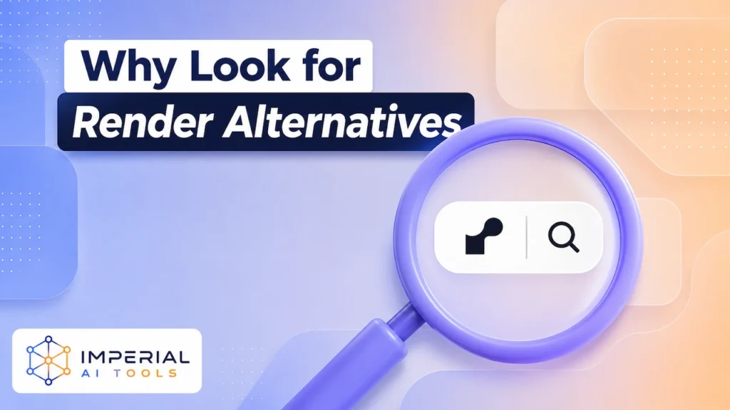 Modern illustration showing 'Why Look for Render Alternatives' with a search interface highlighting alternative animation software, ideal for comparing Render alternatives, AI video creation tools, and animation platforms