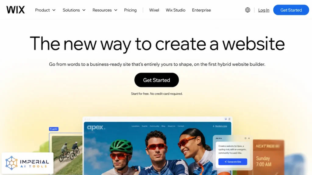 Wix homepage showing its AI website builder, Get Started button and generated cycling website preview.