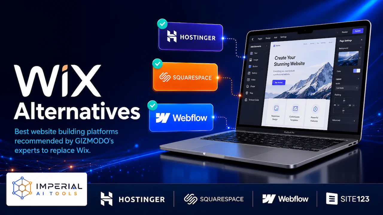 Wix alternatives comparison featuring Hostinger, Squarespace, and Webflow website builders on laptop screen