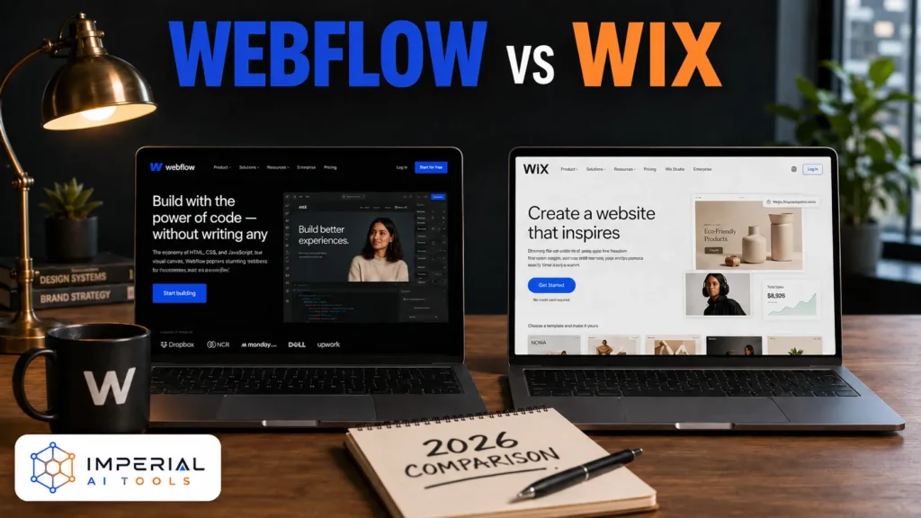 Wix vs Webflow 2026 comparison displayed on two laptops in a modern office workspace.