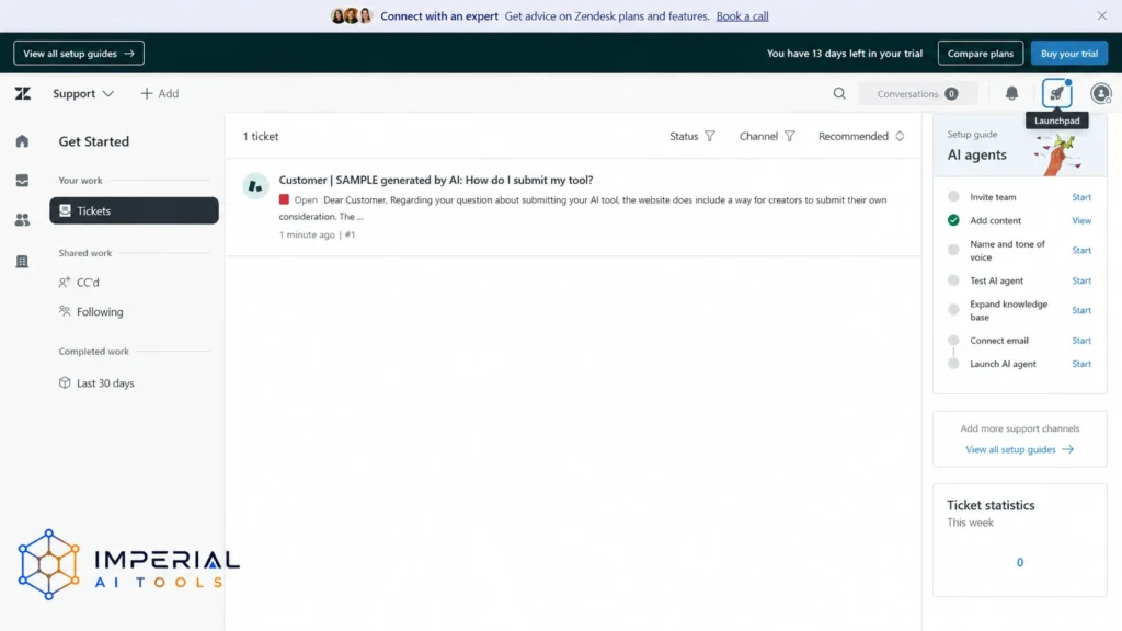 Zendesk support dashboard showing customer tickets, AI agent setup and ticket statistics.