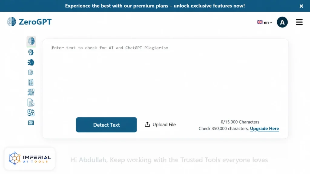 ZeroGPT AI detector dashboard showing a text input box with Detect Text and Upload File options for checking AI-generated content.