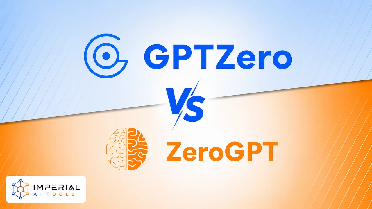 ZeroGPT vs GPTZero comparison graphic featuring both AI content detection tools on a blue and orange background