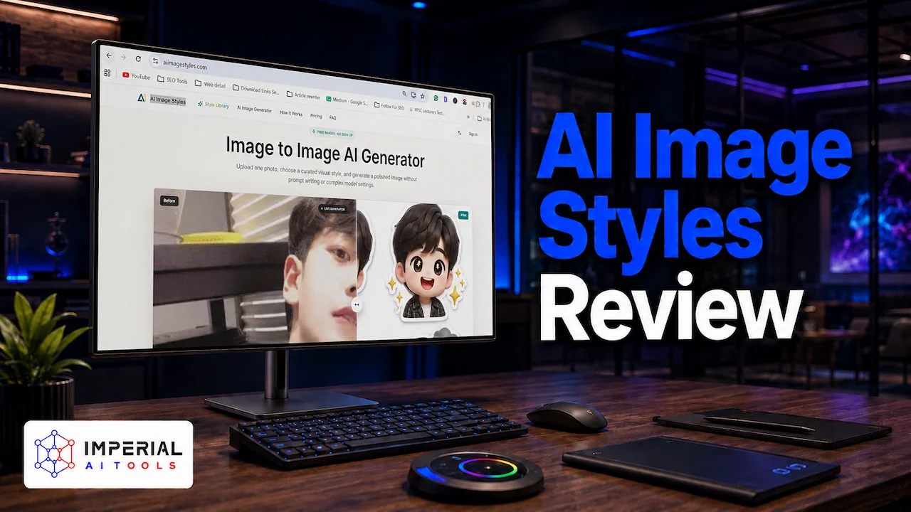 AI Image Styles review showing the image-to-image AI generator on a modern desktop monitor