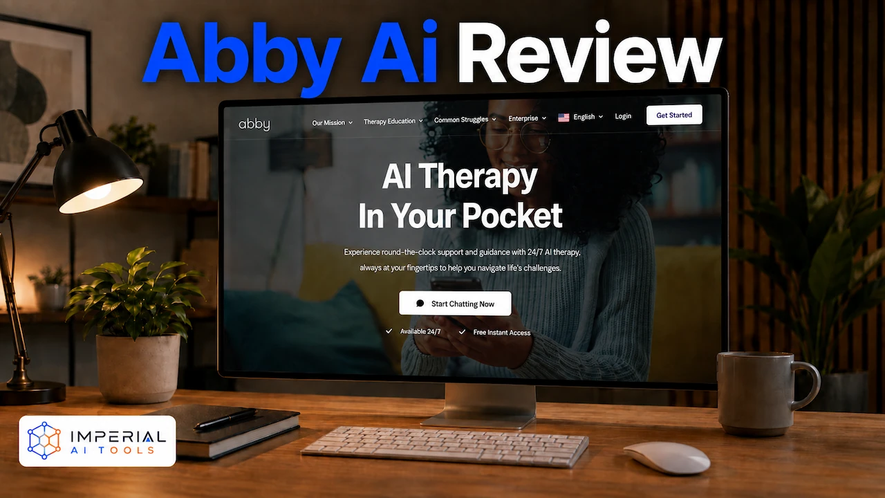 Abby AI Review feature image showing the Abby website on a desktop monitor with Imperial AI Tools logo in the bottom left corner