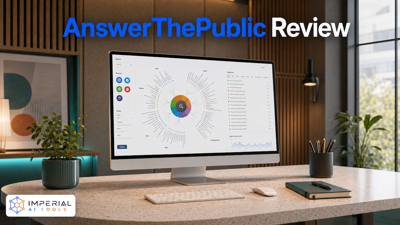 AnswerThePublic review showing a visual question research map on a desktop monitor