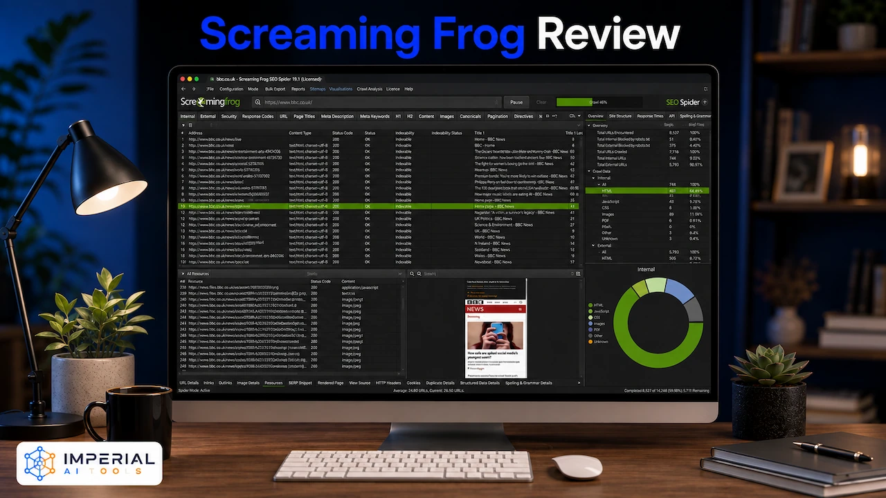 Screaming Frog review featuring a technical SEO crawl dashboard on a desktop monitor