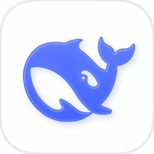 Blue whale DeepSeek AI logo displayed as a glowing blue icon on a white rounded-square background.