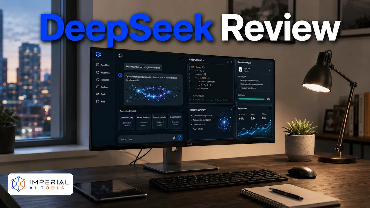 DeepSeek Review showing an AI reasoning, coding and document analysis interface on a desktop monitor in a realistic home office.