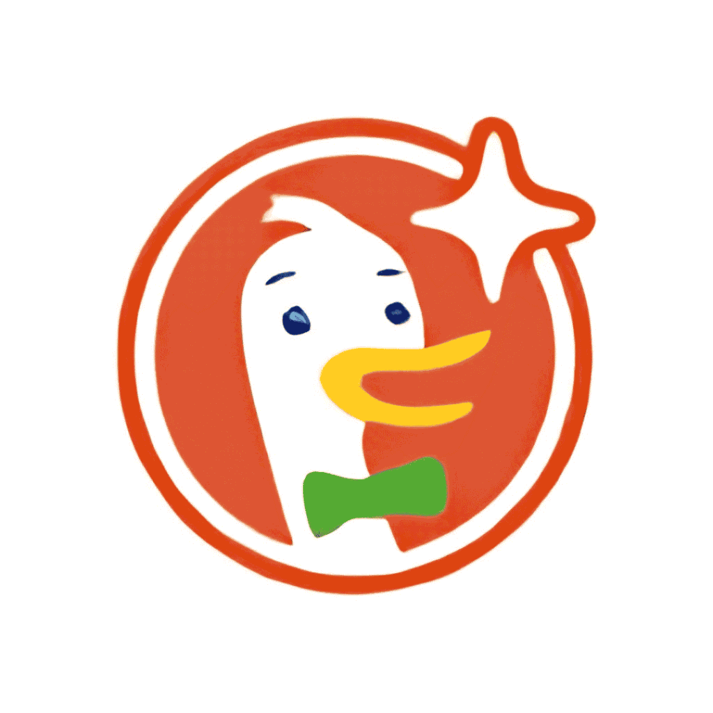 DuckDuckGo logo, cartoon duck icon in orange with search-themed accents